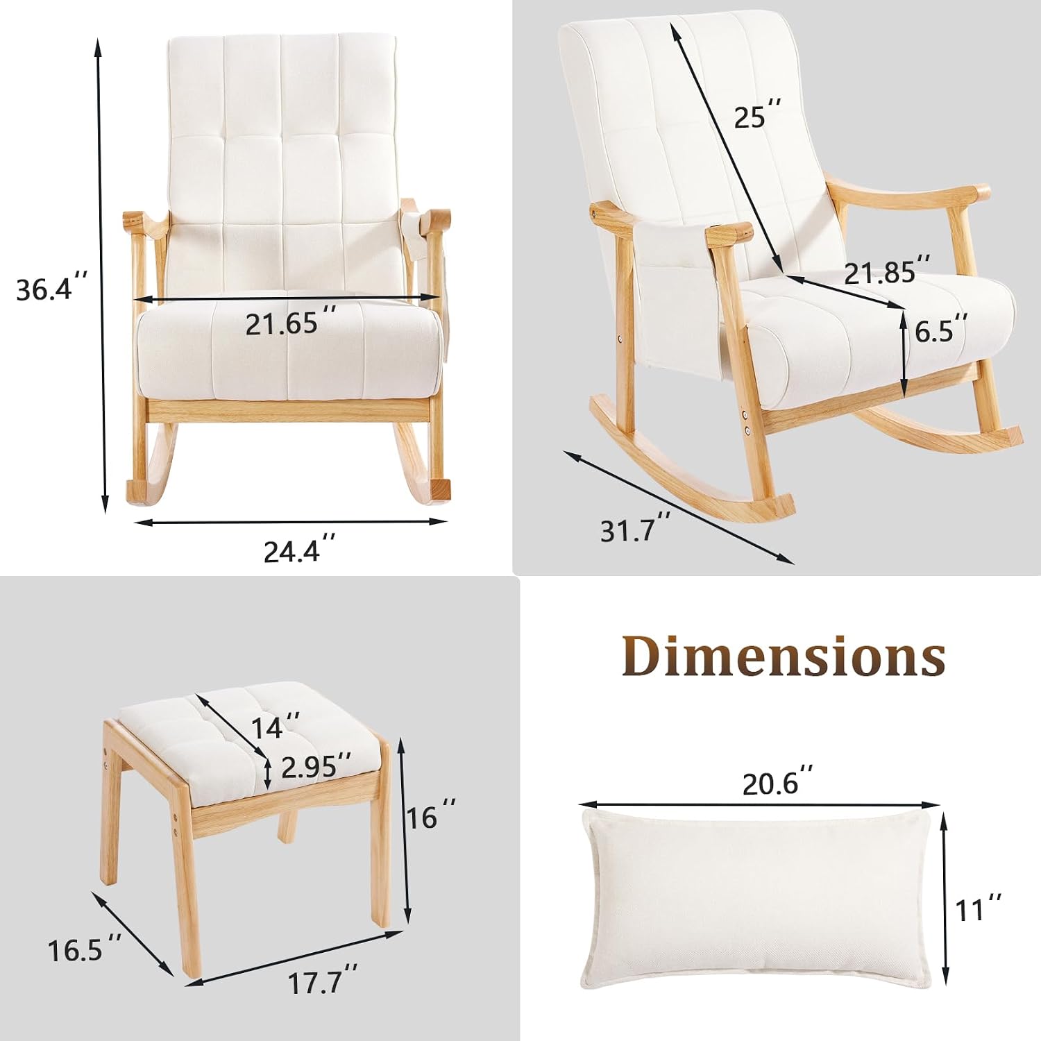 NOBLEMOOD Upholstered Rocking Chair with Ottoman, Solid Wood Frame | Modern Nursery Glider Rocker Chair with Side Pocket, Linen High Back Accent Chair with Padded Seat for Living Room Bedroom