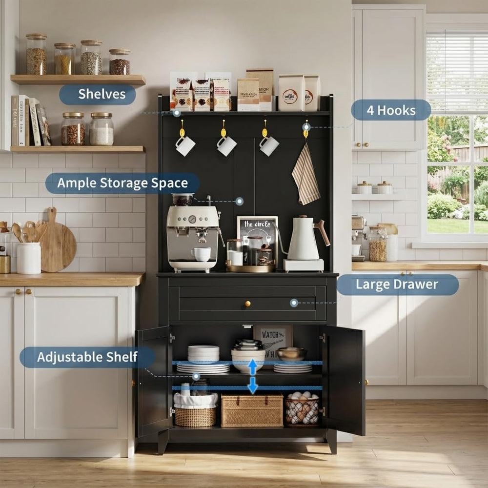 Garvee Pantry Cabinet with 4 Hooks, Kitchen Pantry Cabinet, Coffee Bar Table ...