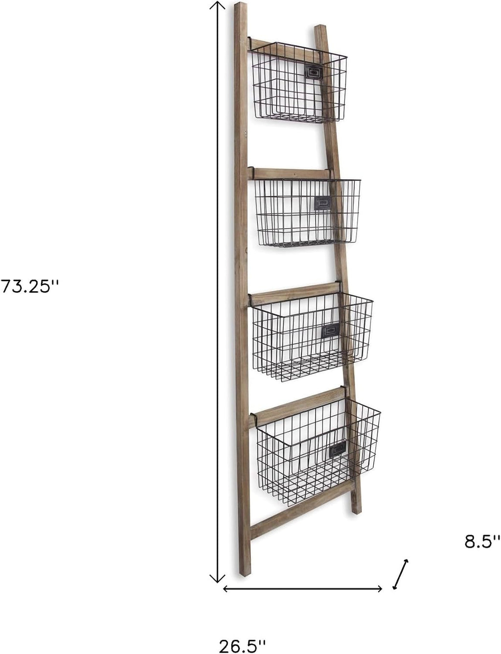 HomeRoots 73" Natural And Black Wood And Metal Storage Ladder With Baskets