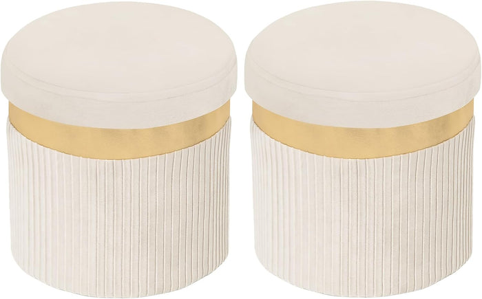 xuperbonus Small Ottoman with Storage,Folding Round Ottoman with Gold Trim,Velvet Storage Stool,Foot Stool with Soft Padded,Foot Rest for Living Room13“x13”x12.4(YZbeige,2pcs)