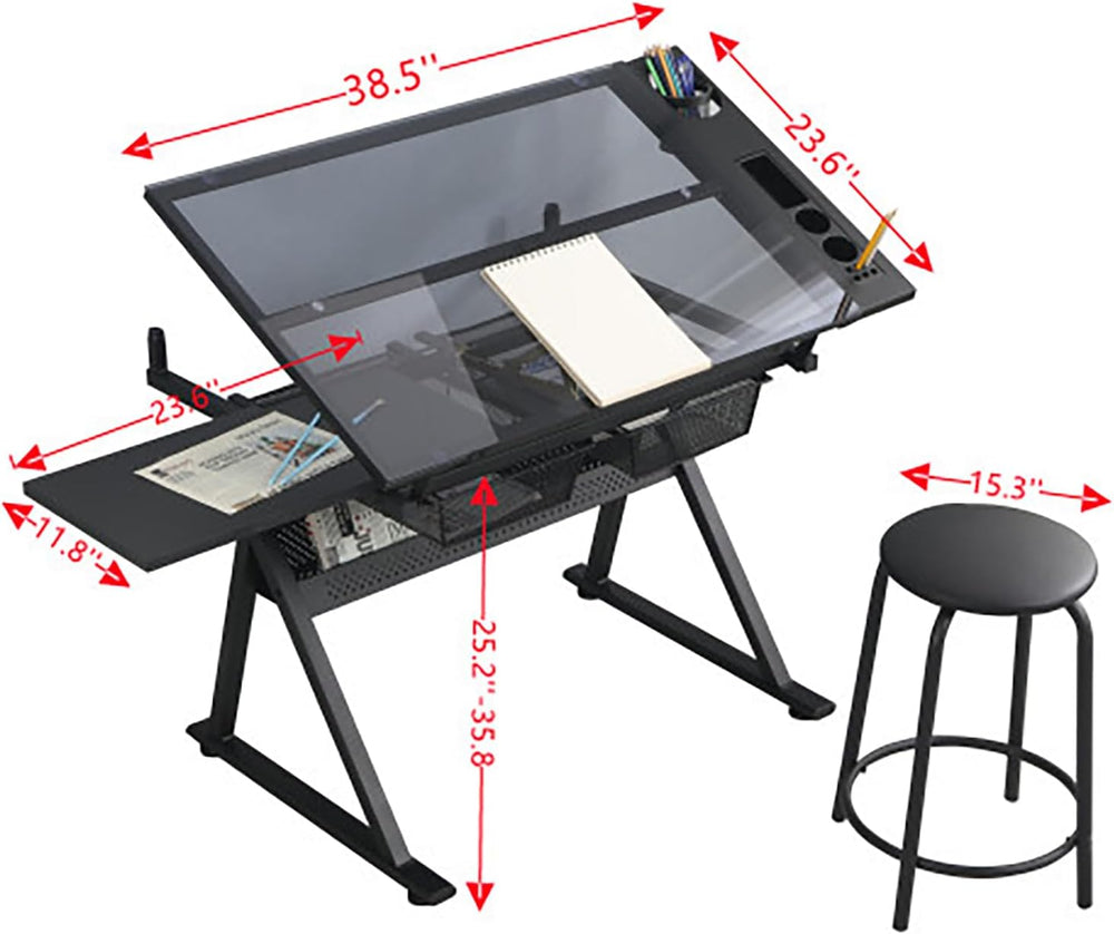 Drafting Desk with Side Shelf 0 to 75° Adjustable Tilting Drawing Desk Temper...