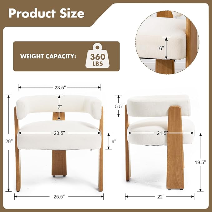 Set of 6 Modern Boho Barrel Dining Chairs with Wood Legs, White Upholstered Accent Armchairs with Thick Padded Cushion for Kitchen, Minimalist Natural Chic Chairs for Living Room