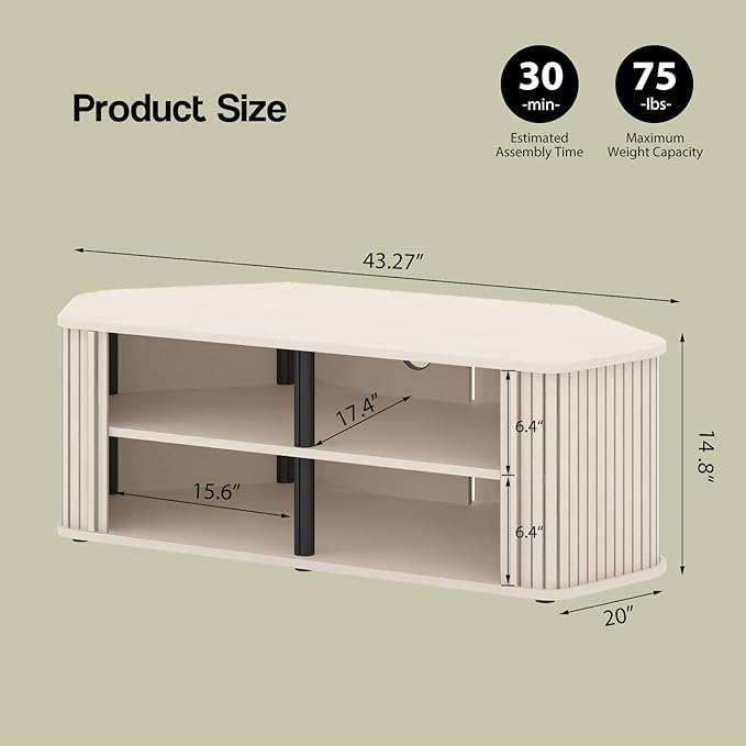Corner TV Stand 43 Inch, Mid Century Corner Entertainment Center with Sliding Tambour Door, Media Console Table with 2 Layers Storage, Fluted TV Stand for Living Room, Bedroom, Off White