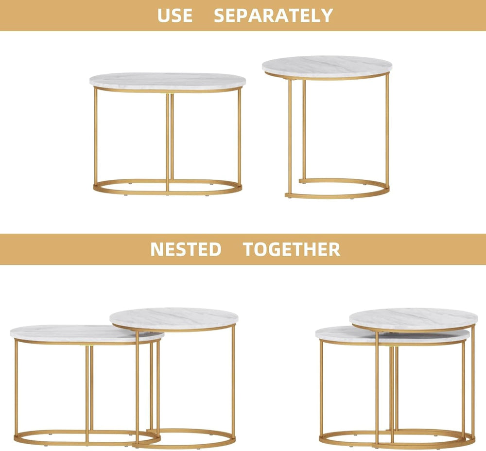 SogesHome Golden Marble Pattern Nesting Tables - Set of 2 Stacking Side Table...