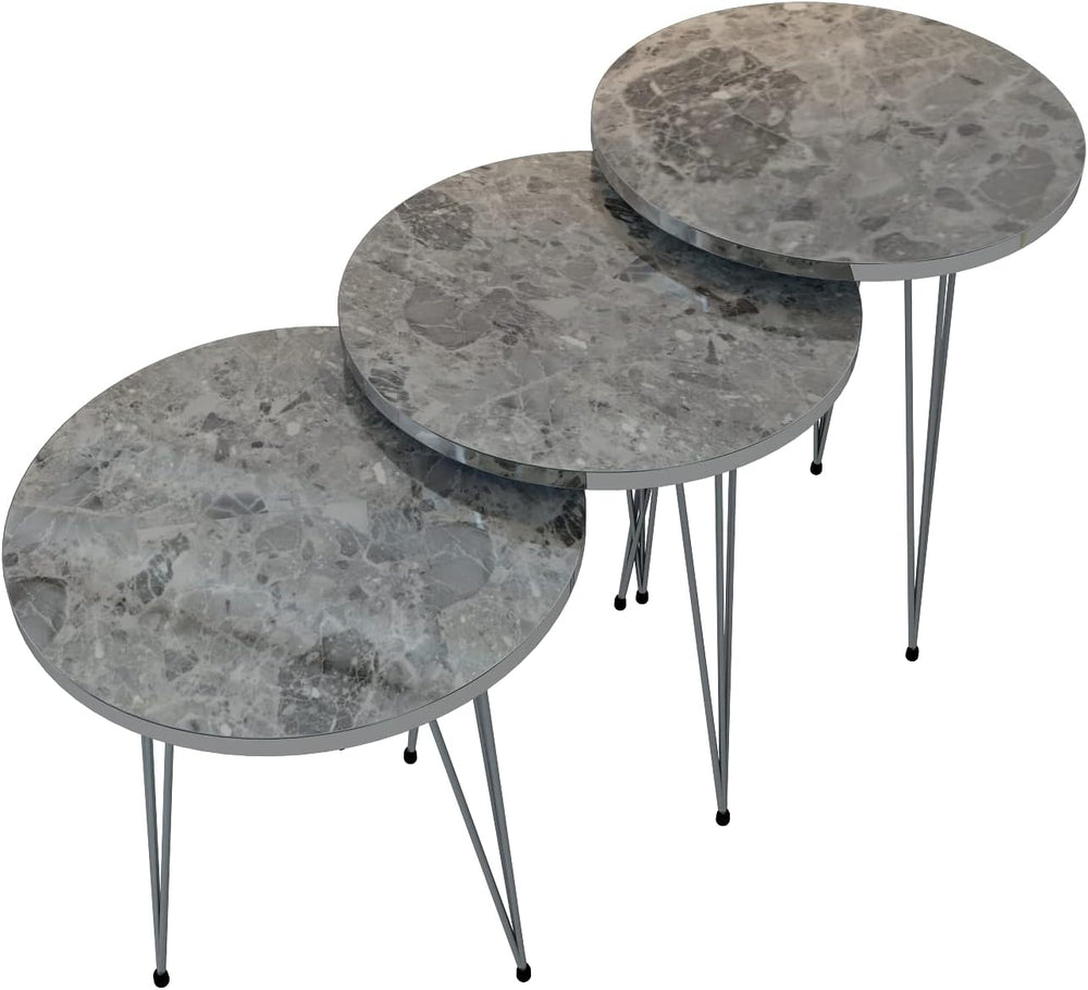 Set of 3 High Gloss Gray Marble Silver Legs Nesting End Tables Round Wood Sta...