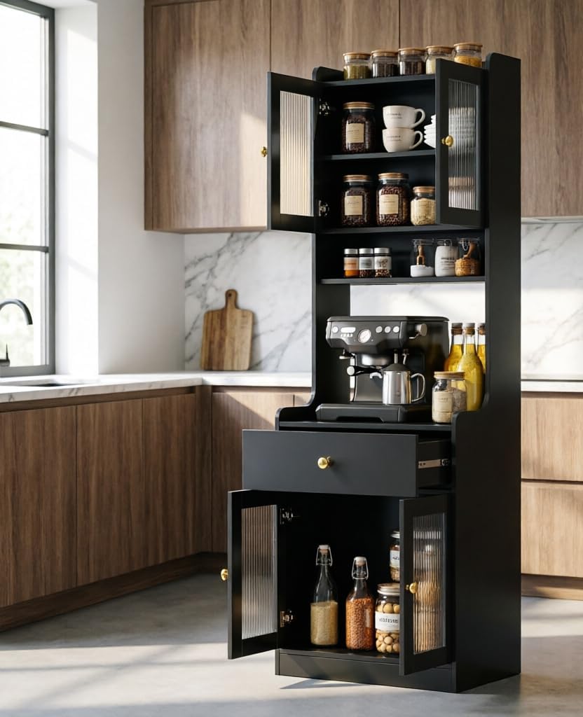 Black Kitchen Pantry Hutch Cabinet with Microwave Stand - Farmhouse Buffet Si...