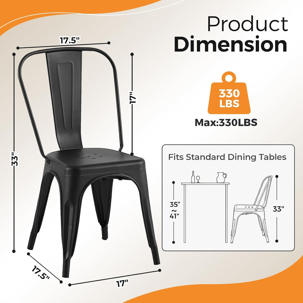 Metal Dining Chairs with Backrest, Stackable, Matte Black, 6 Pack | Easy Asse...