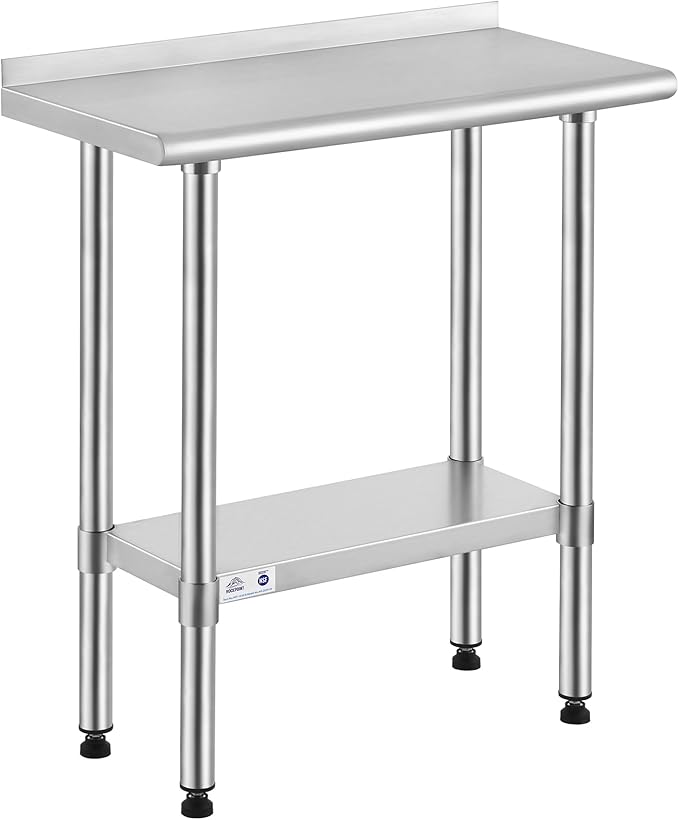 ROCKPOINT Stainless Steel Table for Prep & Work with Backsplash 14x30 Inches, NSF Metal Commercial Kitchen Heavy Duty Table with Adjustable Under Shelf and Table Foot for Restaurant, Home and Hotel