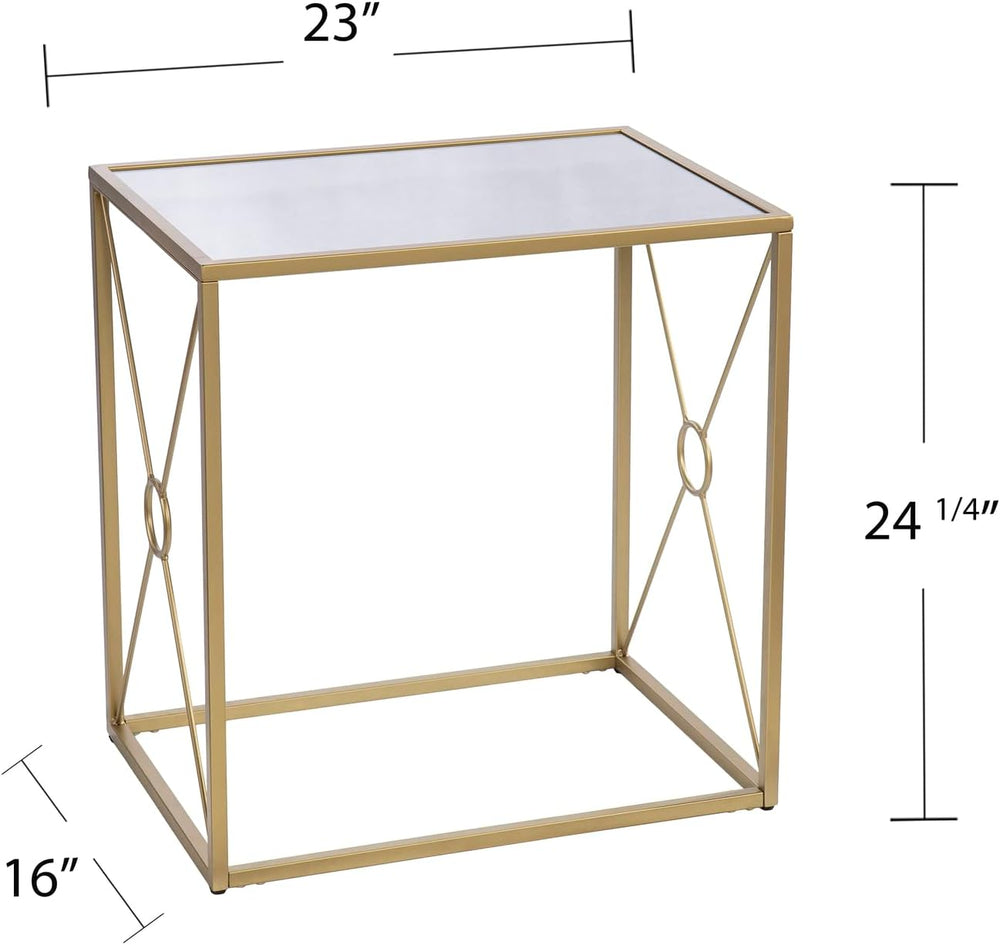 HomeStock Mirror Top End Table - Geometric Metal Base - Modern Living Room Si...