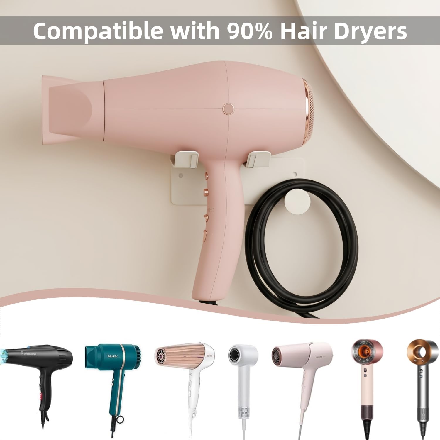 Hair Dryer Holder, Stainless Steel Blow Dryer Holder Self Adhesive, Dyson Hair Dryer Holder Wall Mounted Compatible with Dyson, Hairdryer Holder for Bathroom White PTALSEAW