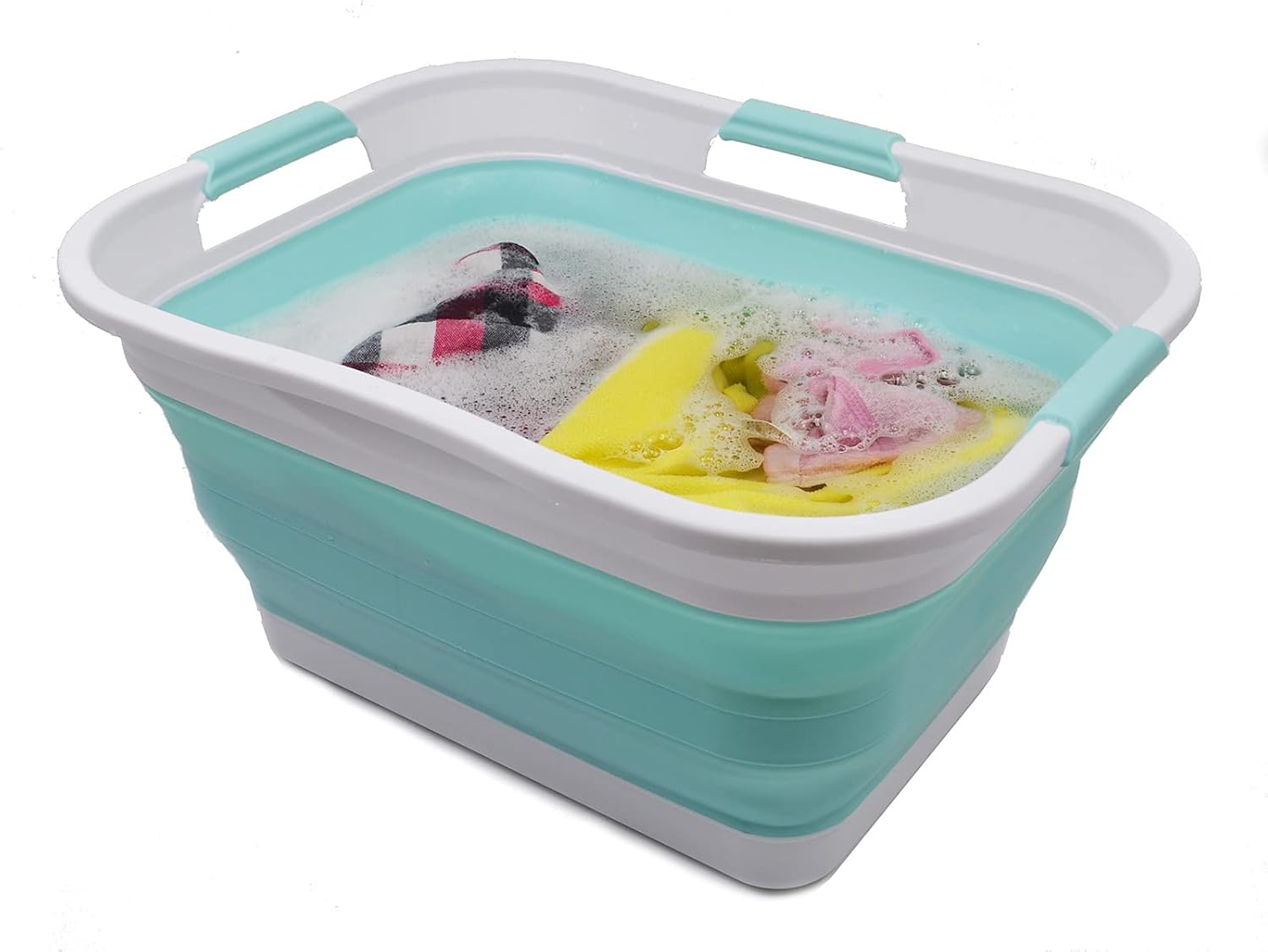 SAMMART 30L (8 gallon) Collapsible Plastic Laundry Basket - Foldable Pop Up Storage Container/Organizer - Portable Washing Tub - Water Capacity 24L(6.3 gallon) (1, White/Lake Green)