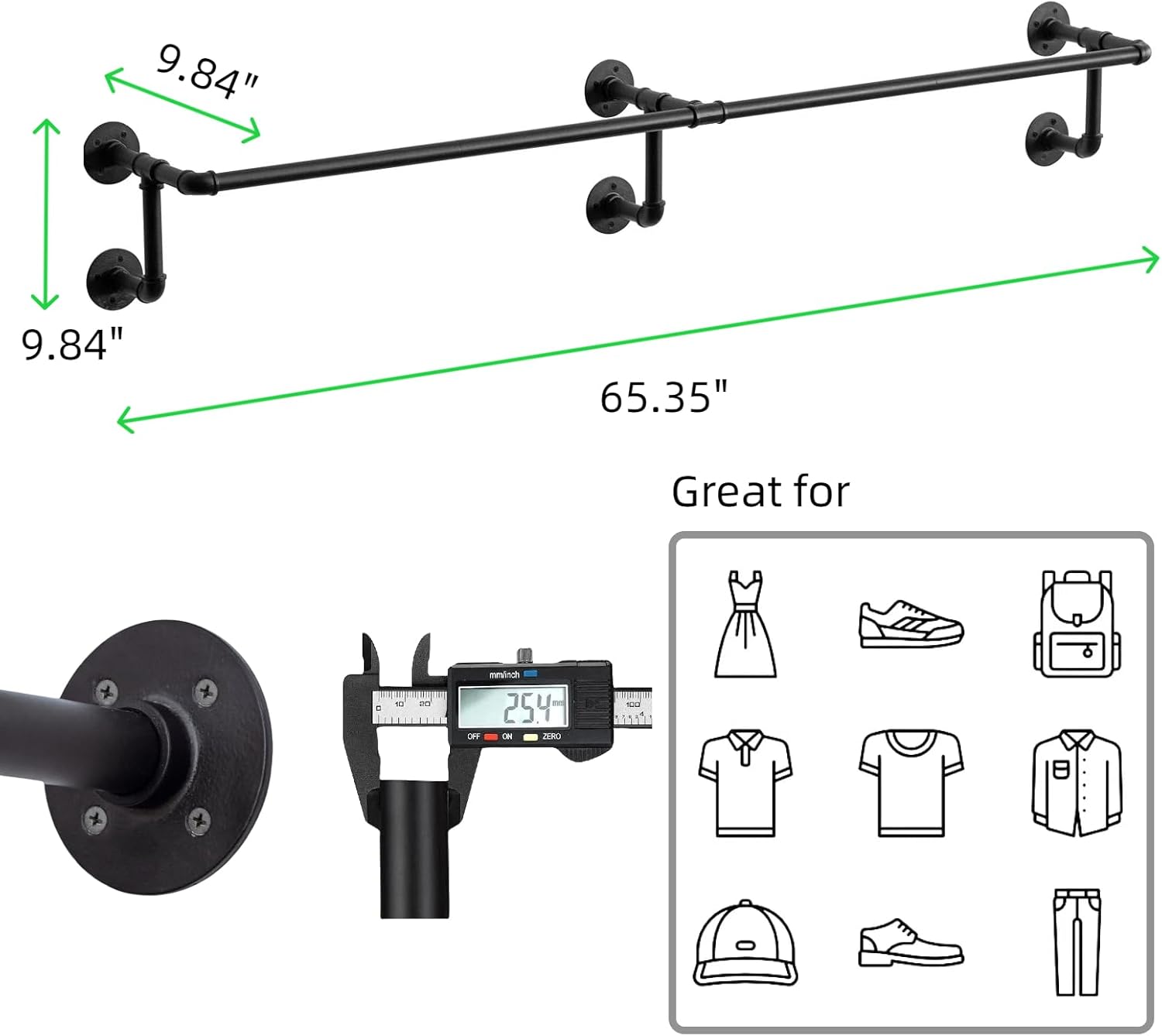 Wall Clothes Rack, Industrial Pipe Clothing Rack for Hanging Clothes, Wall Mounted Heavy Duty Space Saving Garment Racks, Multi-Purpose Clothing Hanging Rods for Closet Storage, Black
