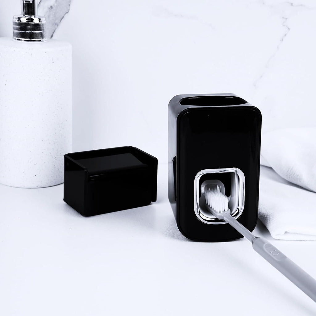 2 Slots Wall Mount Toothbrush Holder with Cover, Self Adhesive Toothbrush Storage Organizer for Shower, Toothbrush Hanger with Automatic Toothpaste Squeezer Dispenser(Black)