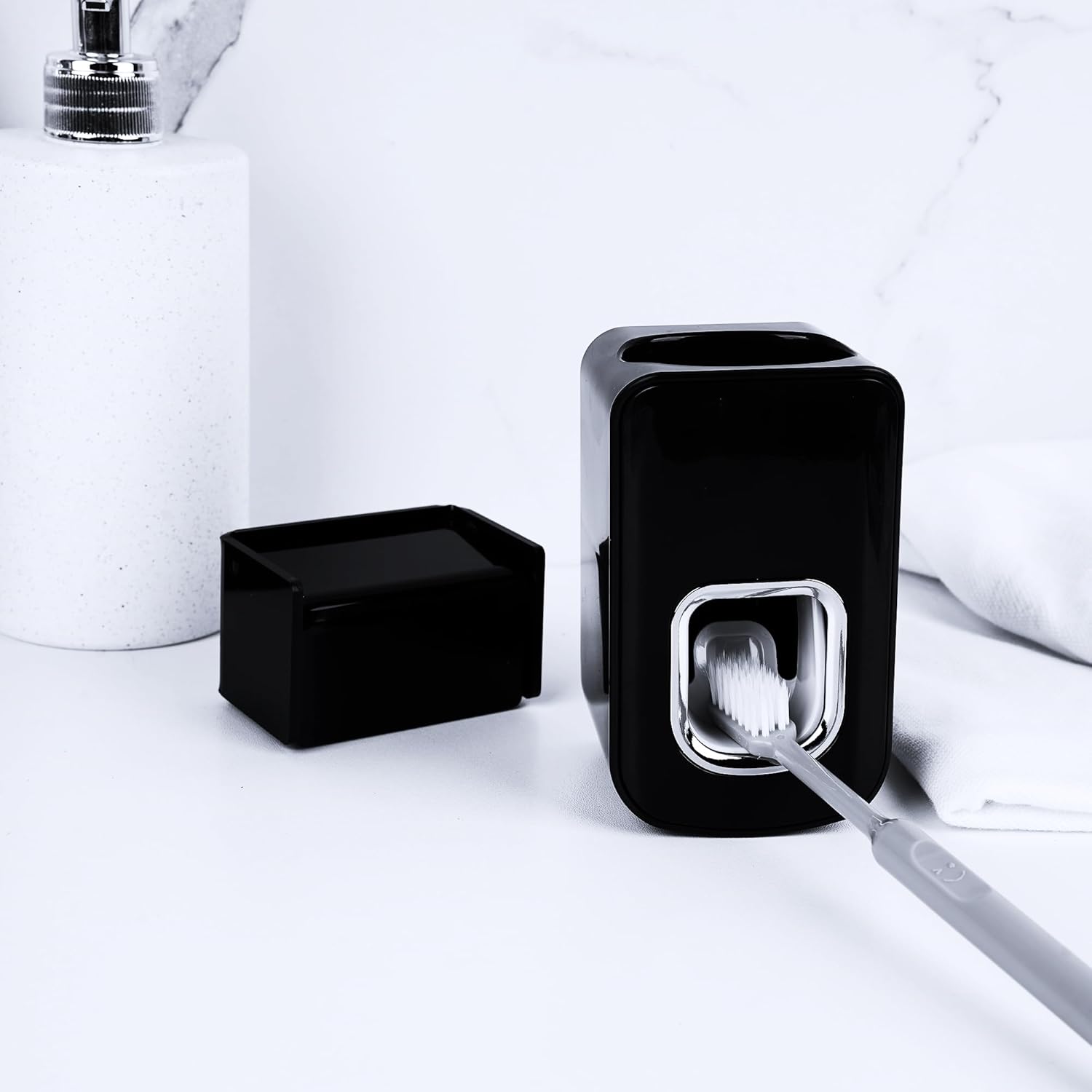 2 Slots Wall Mount Toothbrush Holder with Cover, Self Adhesive Toothbrush Storage Organizer for Shower, Toothbrush Hanger with Automatic Toothpaste Squeezer Dispenser(Black)