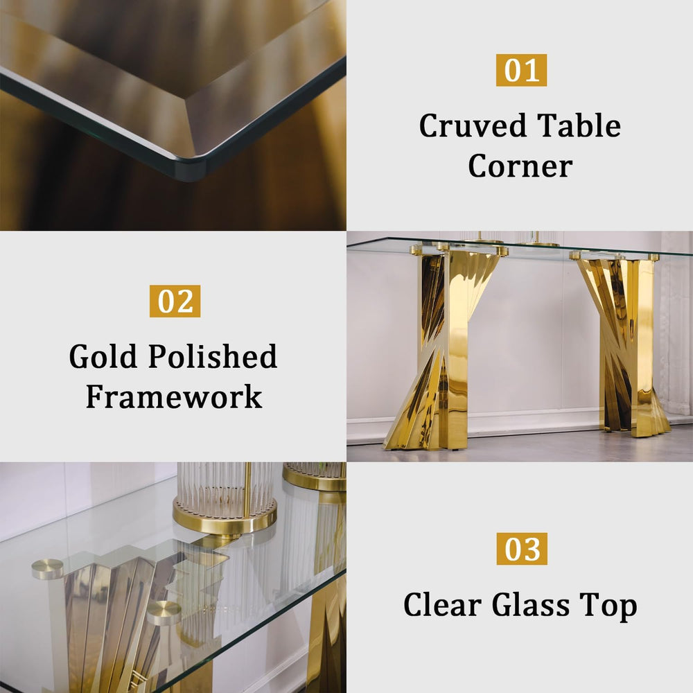 60" Gold Console Table, Entryway Table with Clear Tempered Glass | Moder...
