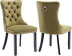 Velvet Dining Chairs Set of 2, Upholstered Dining Room Chairs with Back Ring Pull Trim and Solid Wood Legs,Tufted Wingback Kitchen Chairs for Dining Room,Living Room,Kitchen(Olive Green)