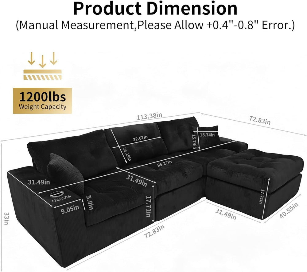 Black Corduroy Ottoman Footrest, Modular Cloud Couch Ottoman with Memory Foam...