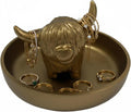Golden Highland Cow Ring Stand with Circular Dish - Cute Cow Jewelry Organizer Holder, Unique Home Office Desk Decor for Women, Resin Ring Plate Tray Gift (5.9x5.9x3.94 Inches)