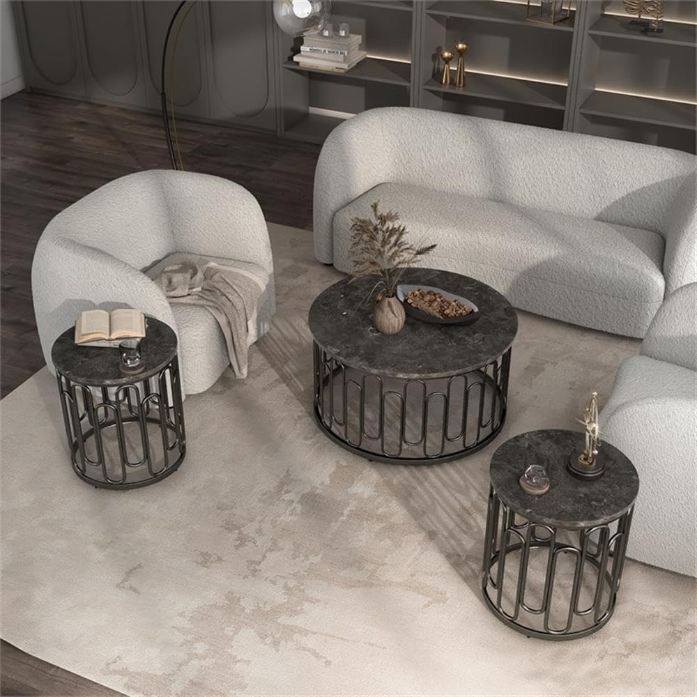 BOWERY HILL 3-Piece Marble and Metal Coffee Table Set in Black Finish, Includ...