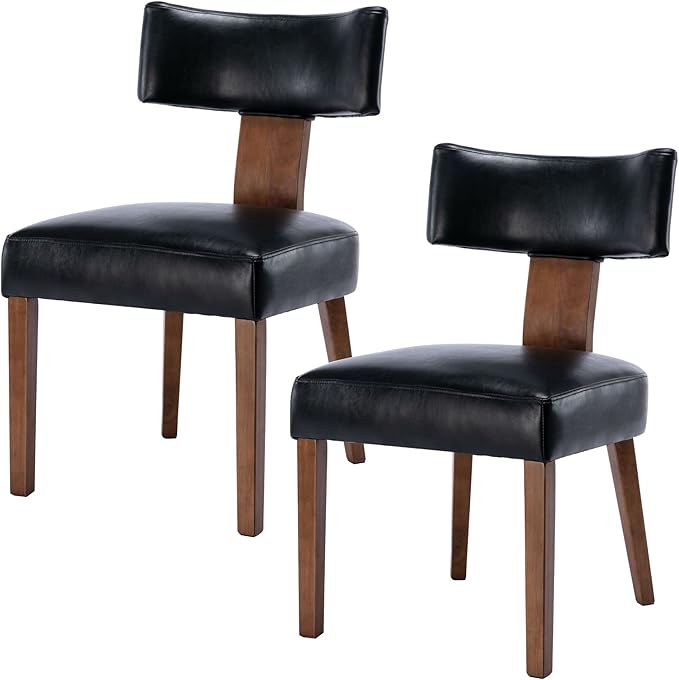 Mid Century Modern Dining Chairs Set of 2 PU Leather Upholstered Side Chairs, Modern Kitchen Armless Parson Chairs Solid Wood Dining Chairs, Black