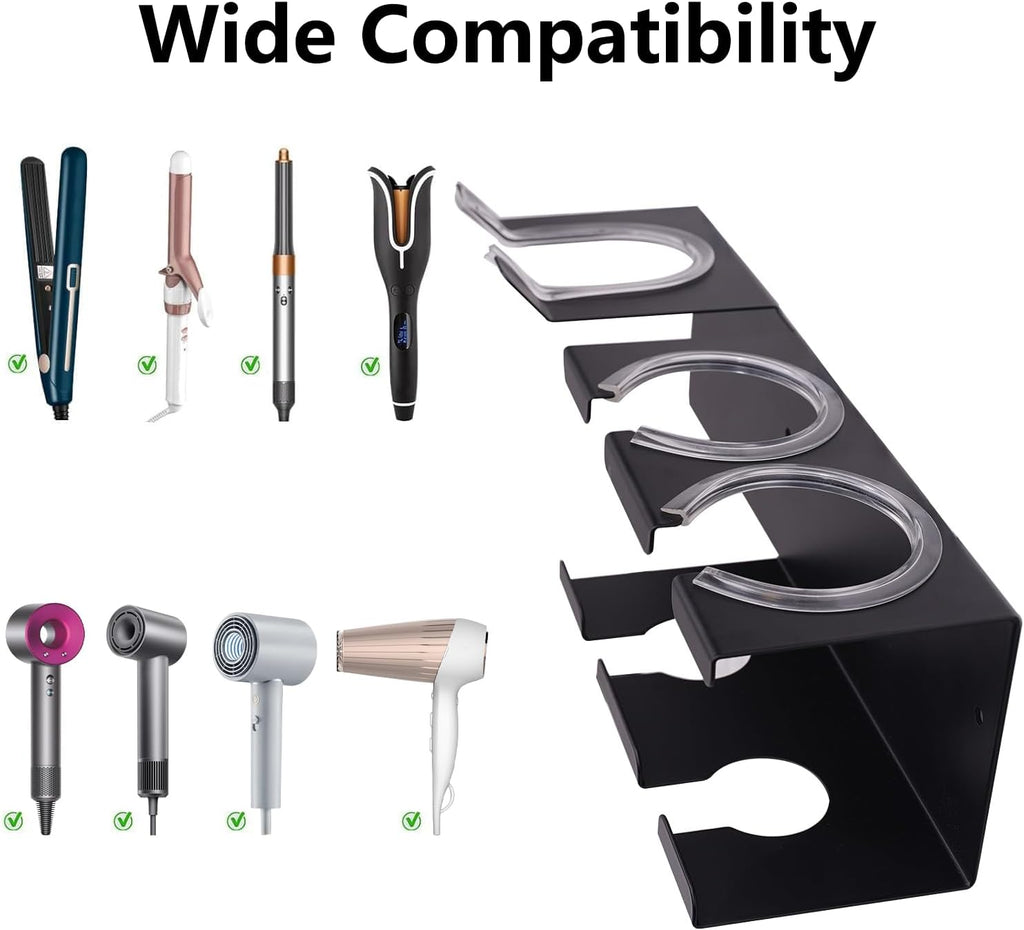 Hot Tools Organizer Wall Mount, Hair Tool Organizer, Hair Dryer Holder Wall Mounted for Blow Dryer, Curling Iron Black Curling Iron Holder 3 in 1 Modern Storage with 3M Adhesive for Bathroom, Vanity