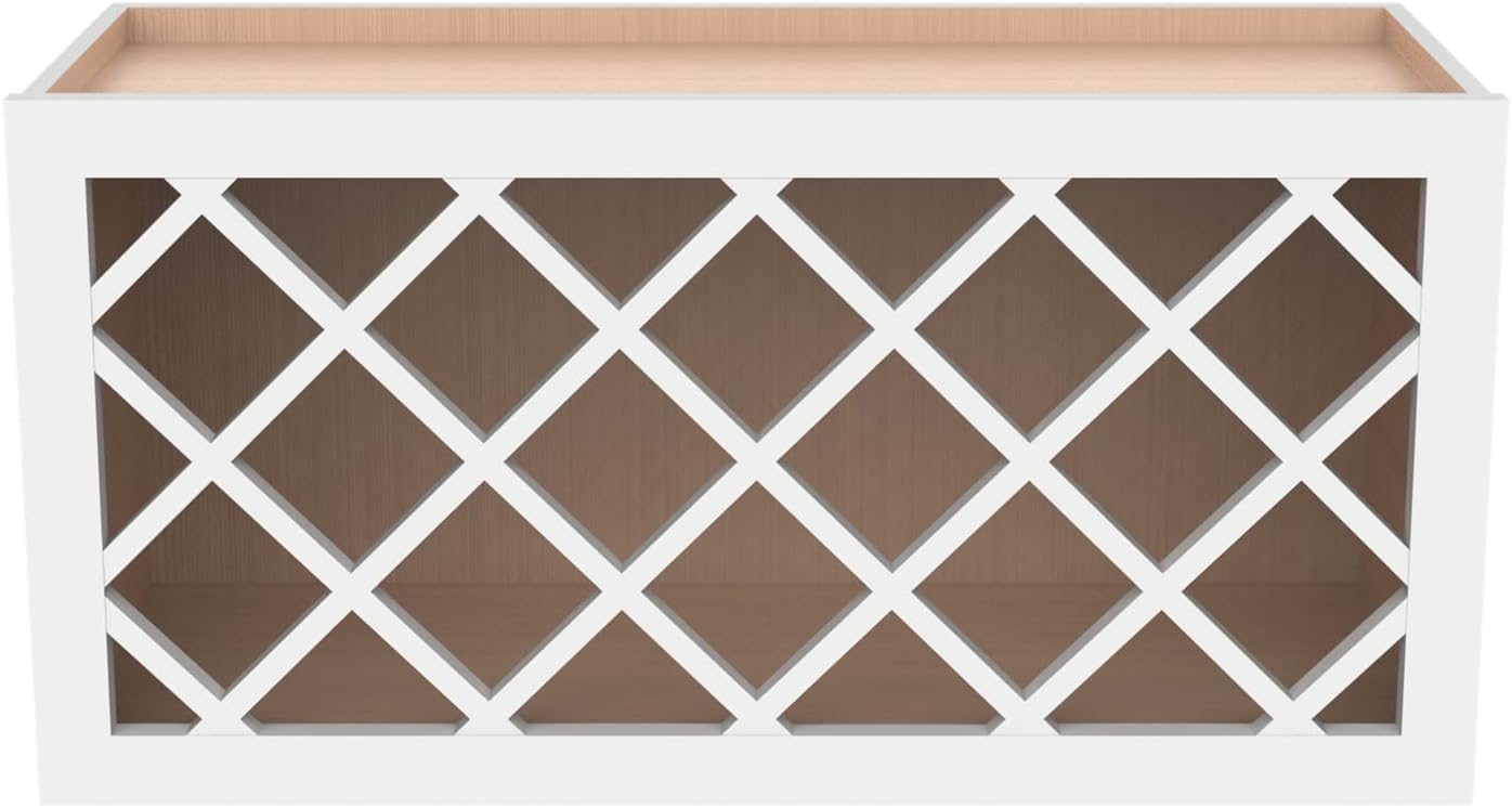 Solid Wood RTA Wine Bottle Rack and Wall Cabinet with Lattice Panels - Wine Storage for Bar, Pantry, and Basement - Mocha (Origami White, 30'W 12'D 18'H)