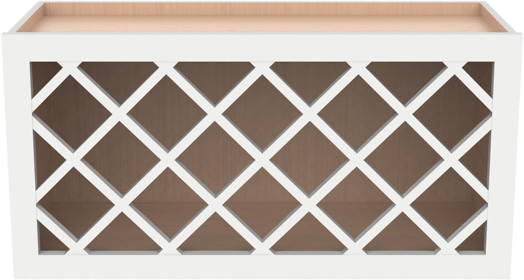 Solid Wood RTA Wine Bottle Rack Wall Cabinet with Lattice Panels - Wine Storage for Bar, Pantry, Cellar - Mocha (Origami White, 30'W 12'D 15'H)