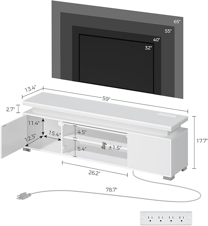 Rolanstar TV Stand with LED Lights & Power Outlet, Modern Entertainment Center for 32/43/50/55/65 Inchs TVs, Table, Universal Gaming Media Stand Storage Cabinet and Large Storage, White