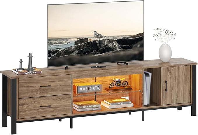 Bestier TV Stand for 75/80/85 inch TV, LED Gaming Entertainment Center, Modern TV Cabinet with Glass Shelves for Living Room, Media Console with 2 Storage Drawers & Cabinets for Bedroom, Pinewood