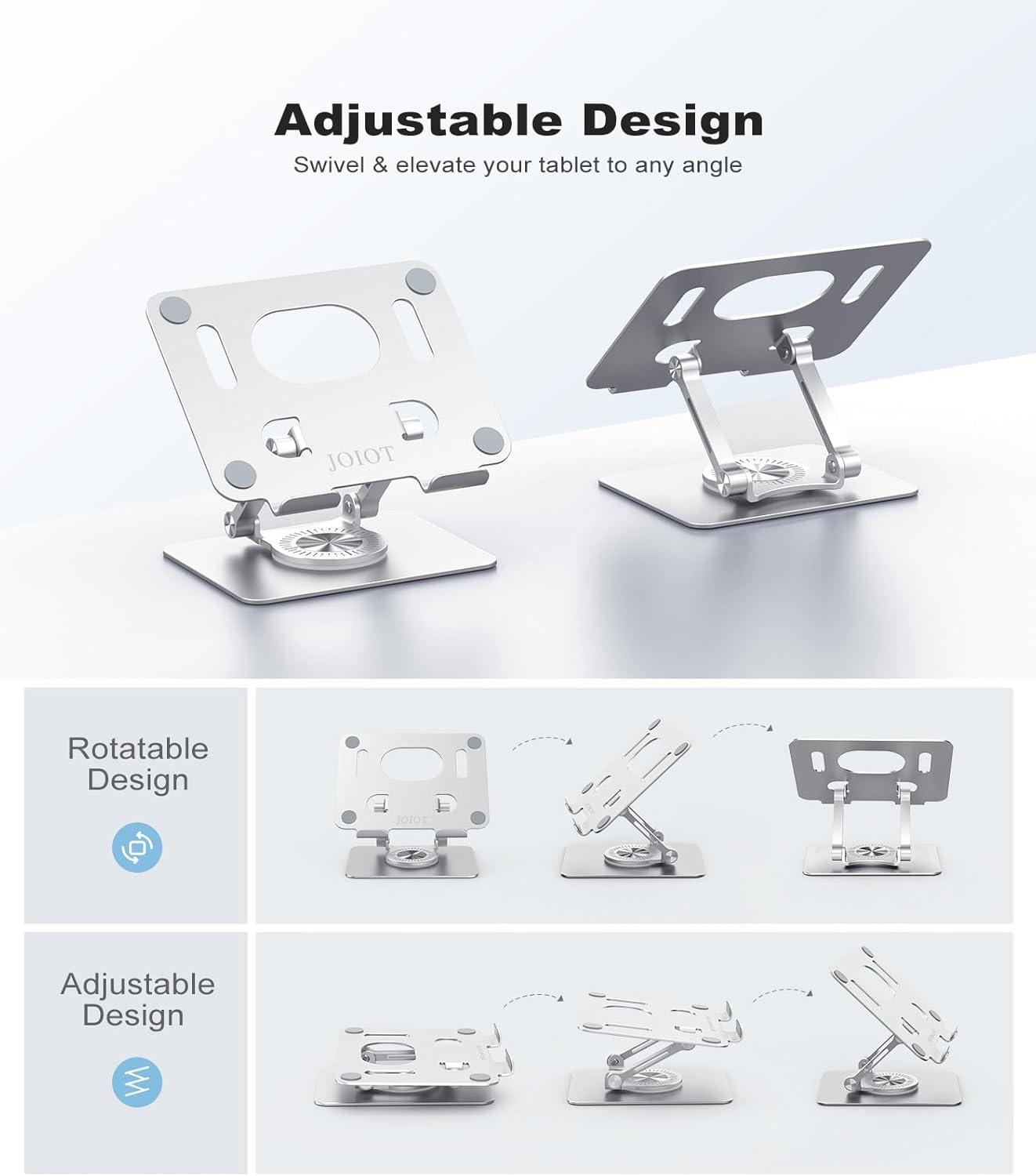Tablet Stand, Swivel Ipad Stand with 360 Rotating Base, Adjustable Tablet Holder for Drawing, Compatible with iPad Pro/Air/Mini and More (Silver)