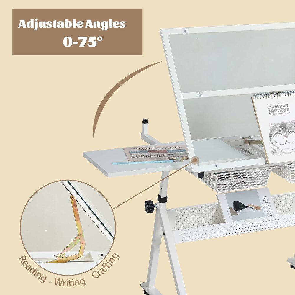 Height Adjustable Drafting Table Desk w/Stool, Tempered Glass Top | Art Craft...