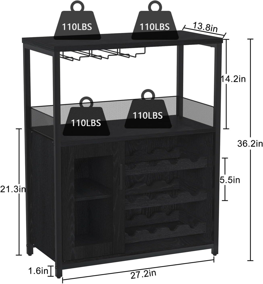GAOMON Coffee Wine Bar Cabinet with Storage and Detachable Rack | Farmhouse Sideboard and Buffet Cabinet with Glass Holder and Mesh Door, Liquor Coffee Bar Cupboard, Black