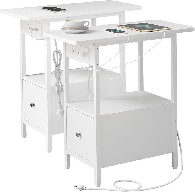 LIDYUK End Table with Charging Station, Narrow Side Table with Drawer and USB...