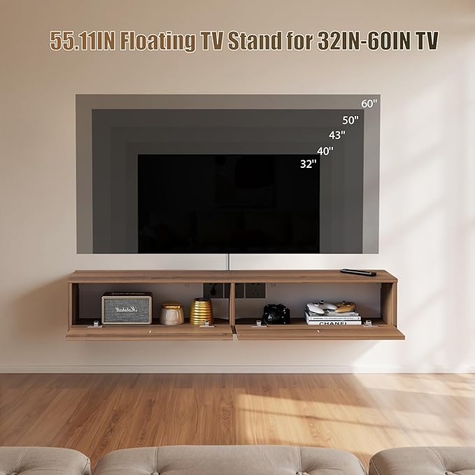 Solid Wood Floating TV Shelf, 55'' Wall Mounted TV Cabinet, Floating Shelves with 2 Doors, Wooden Mid-Century Entertainment Media Console Center Large Storage Under TV (Walnut)