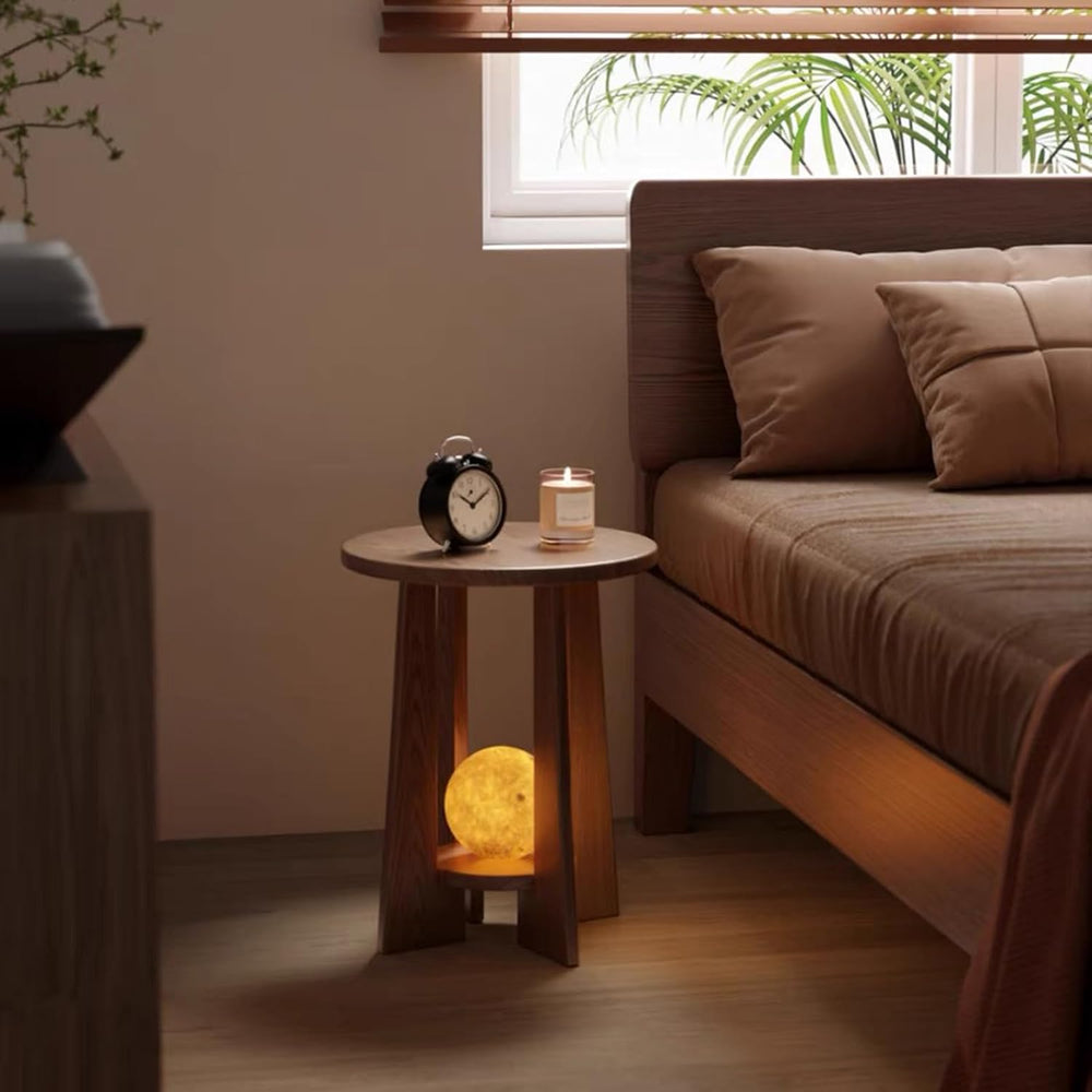 YUNMUAIR-Round Wood End Table with 2-Tier Storage,15.75" Dia Small Accen...