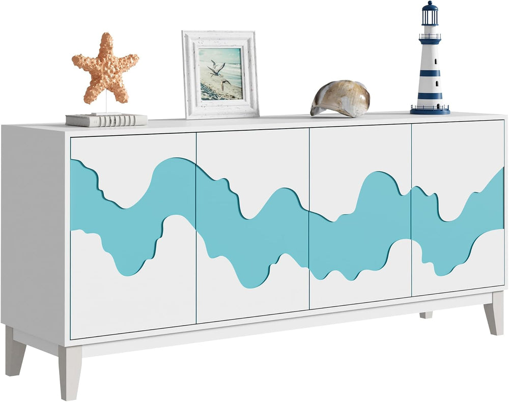 Anbuy Modern 4 Door Sideboard Buffet Cabinet with Storage Blue Water Stream D...