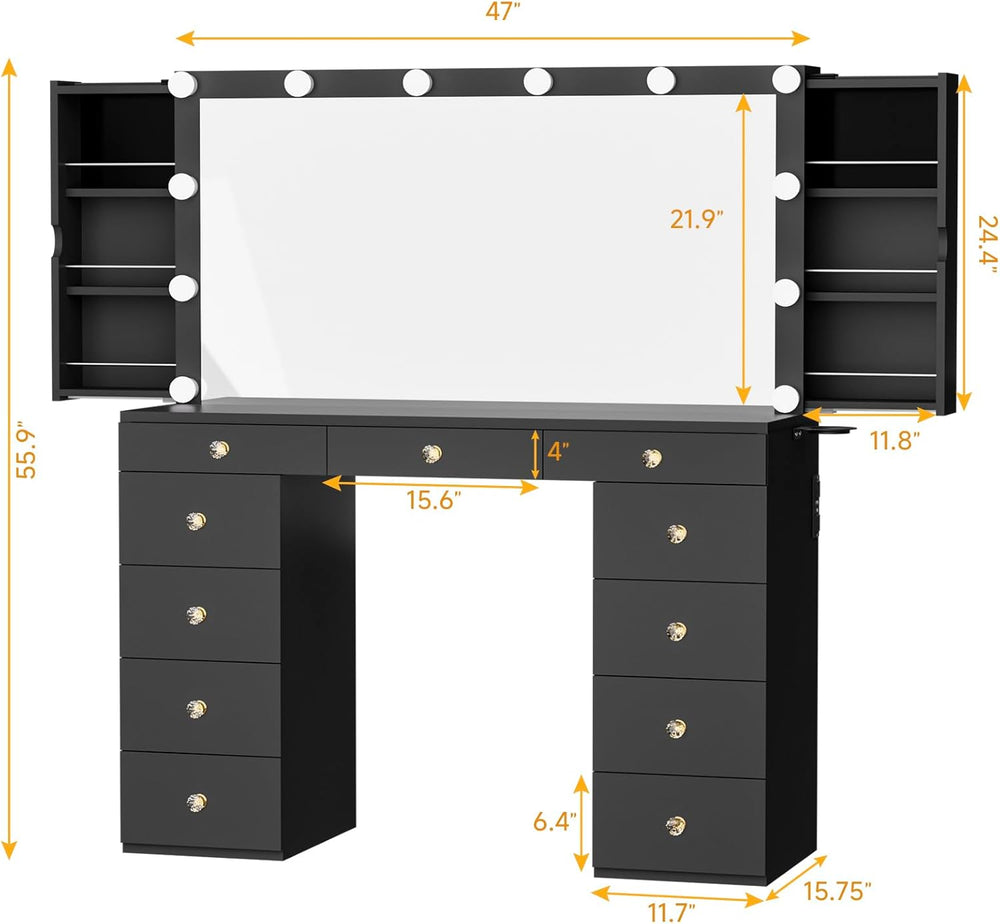 Likein Vanity Desk with Mirror and Lights, Black Vanity with Hidden Jewelry S...