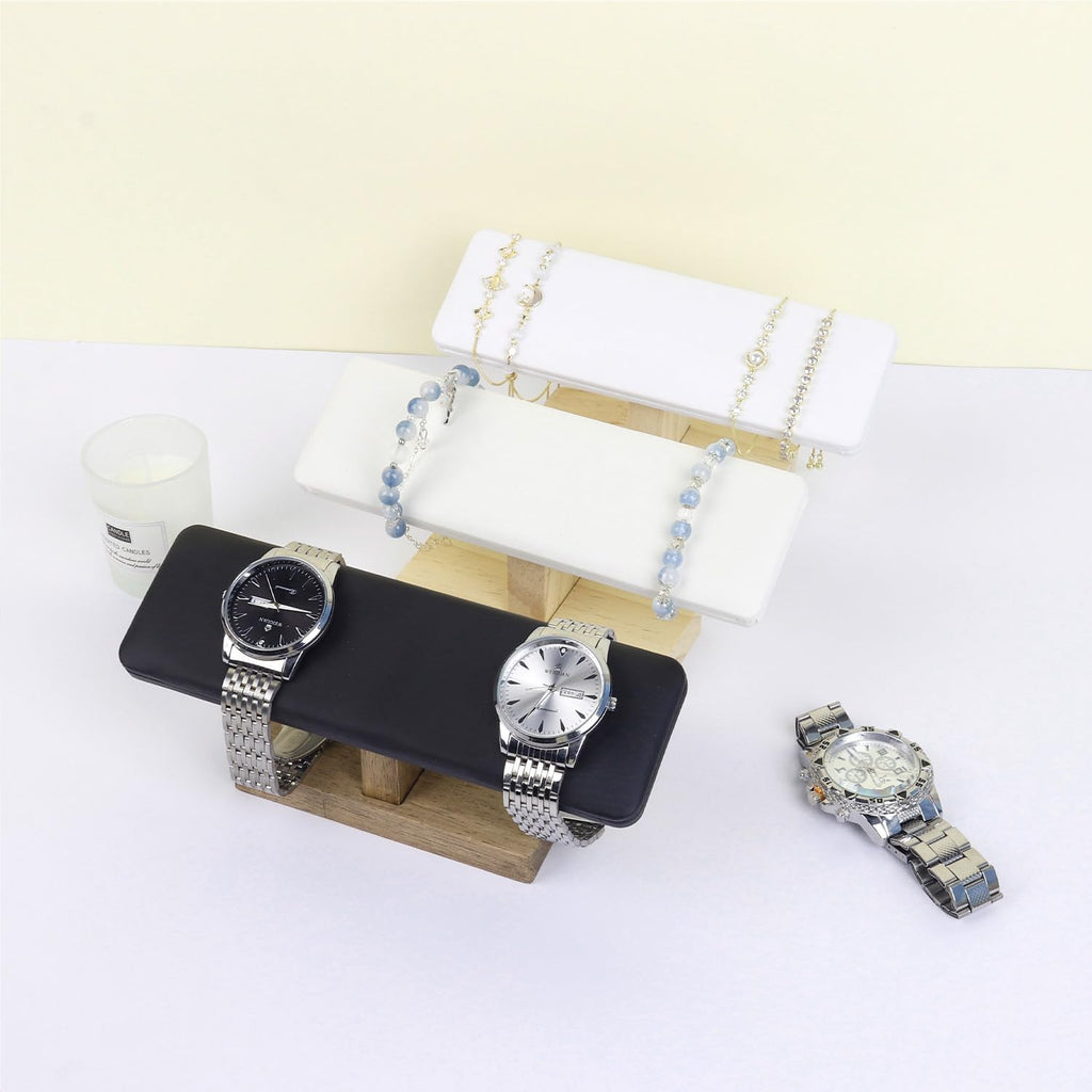 Bracelet Display Tower Jewelry Holder Organizer Rack Wooden Base Watch Display Bangle Scrunchie Headband Headtie Stand Exterior Black PU