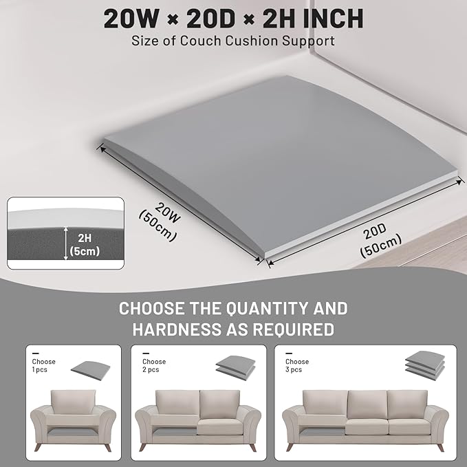 Couch Cushion Support for Sagging Seat – 2 Pack 20x20x2 Inch Sofa Cushion Board Saver & Replacement Insert for Saggy Couch or Chair, Quick No-Tool Install with 40D Memory Foam