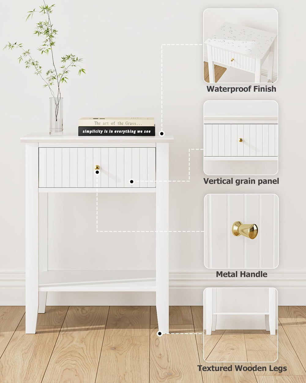 Fluted Nightstand, Farmhouse Night Stand with 1 Drawers, Mid Century Modern S...