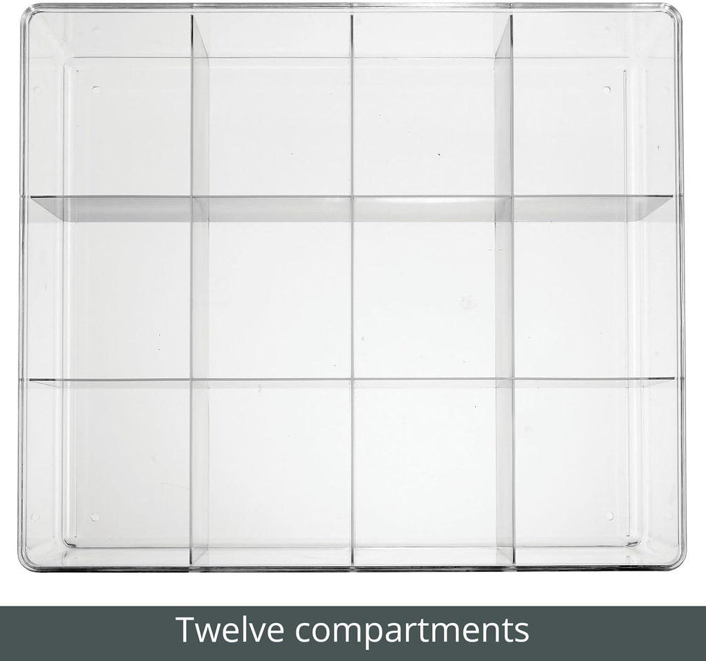 mDesign Plastic 12 Compartment Divided Drawer and Closet Storage Bin - Organizer for Scarves, Socks, Ties Bras, and Underwear - Dress Drawer Organizer, Shelf Organization - Clear