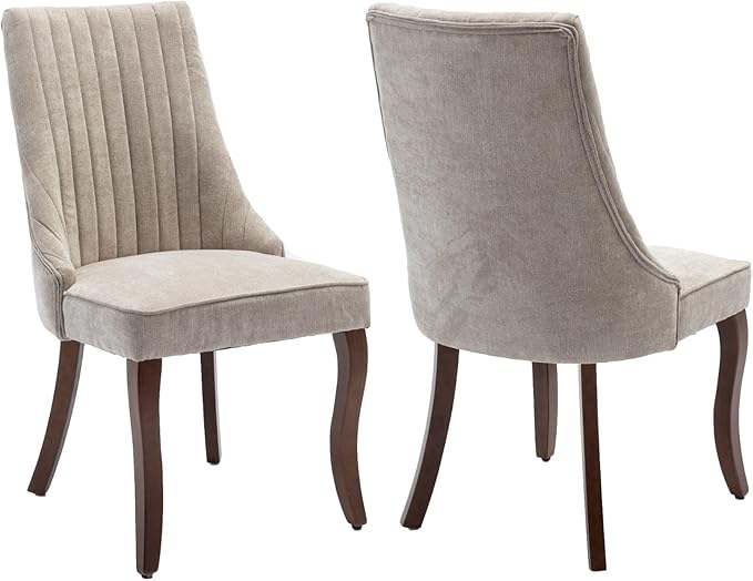 Dining Chairs Set of 2,Comfy Fabric Upholstered Accent Chairs for Kitchen Living Room,Channel Tufted Dining Room Chairs with Curved Solid Wood Legs(Beige)