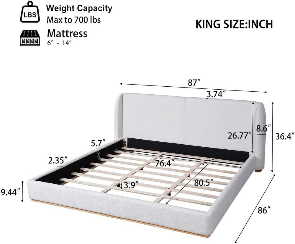 King Size Boucle Bed Frame, Soft Cloud Bed Frame with Upholstered Wingback He...
