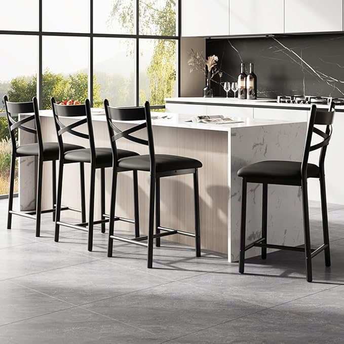 GarveeHome Bar Stools Set of 4, Counter Height Bar Chairs with Back and Thick Cushion, Upholstered Dining Chairs with Padded Seat, Barstools for Kitchen Island, Bar, Dining Room, Modern Black
