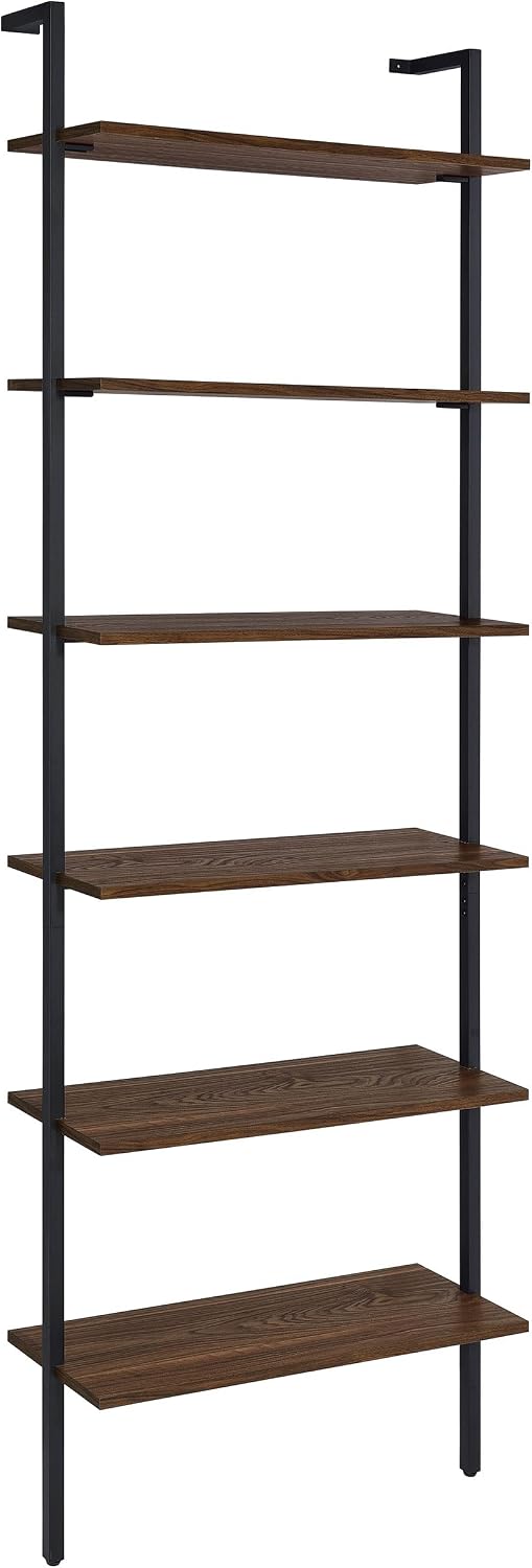 Coaster Home Furnishings - Owens - Wood and Metal - 6-Shelf Wall Mounted Bookshelf with Ladder Design and Transitional Style - Home Office & Living Room - 96-Inch - Walnut & Black - 980072
