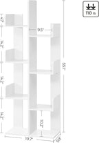 VASAGLE Bookcase, Tree-Shaped Bookshelf with 8 Storage Shelves, Rounded Corners, White 9.8D x 19.7W x 55.1H in, Engineered Wood
