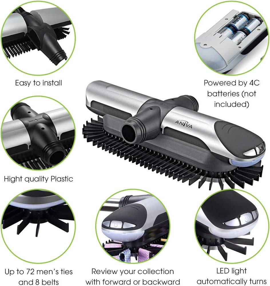 Aniva Motorized Tie Rack Closet Organizer with LED Lights Includes J Hooks for Wired Shelving Stores Up to 72 Ties & 8 Belts, Operates with Batteries