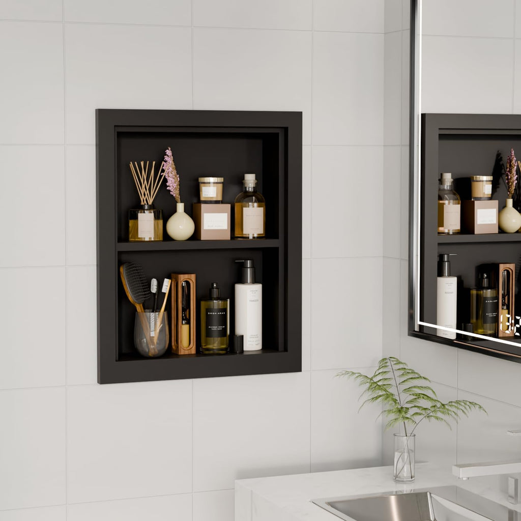Solid Wood 14 X 18 Recessed Medicine Cabinet,2-Tier, Medicine Cabinet Organizer,Wall Niche, Bathroom Wall Cabinet Black