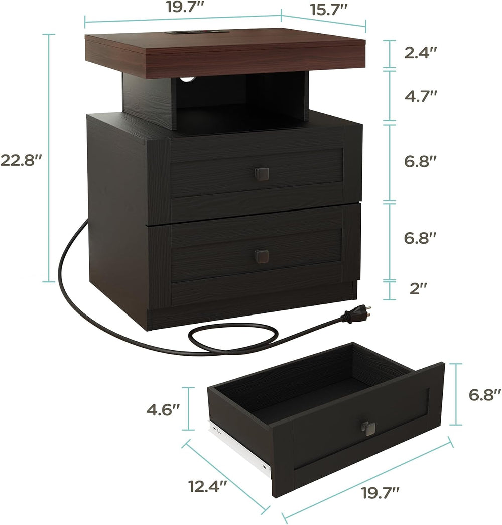 MHOM Farmhouse LED Nightstand Set of 2, Wood Bedroom Side Table with Charging...
