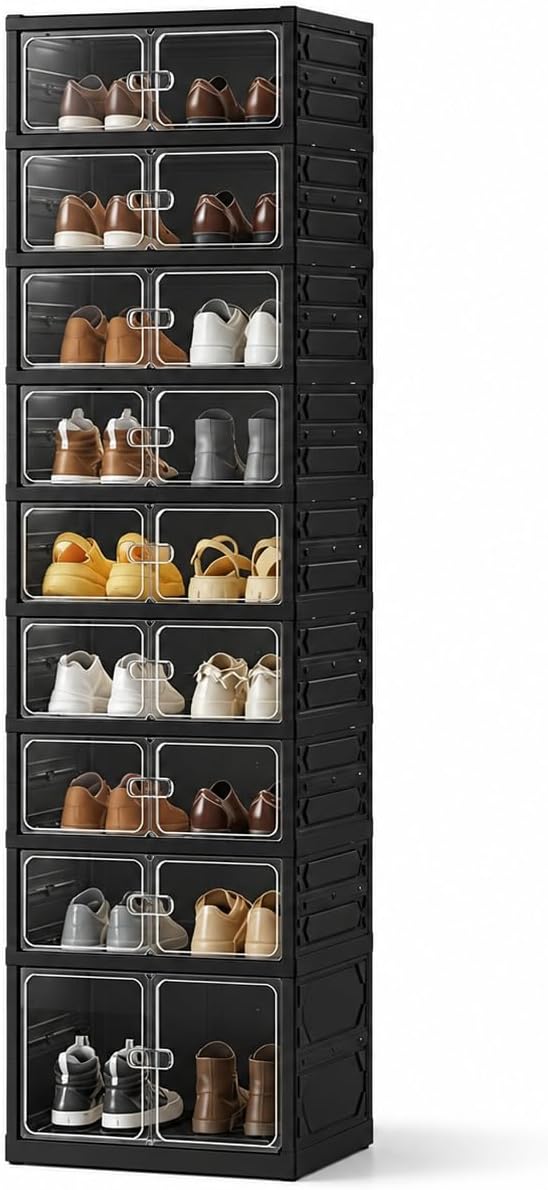 UFORU 9-Tier Black Foldable Shoe Rack,18-Pair Organizer with Magnetic Doors | Dustproof Enclosed Storage with Clear Magnetic Doors,Easy to Assemble for Closets,Entryways,Bedrooms ,Large Boxes